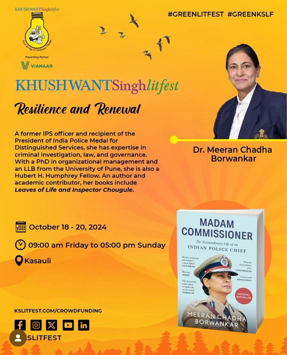 Dr. Meeran Chadha Borwankar, author of Madam Commissioner and a former IPS officer, is a recipient of the President of India Police Medal. With unmatched expertise in criminal investigation , she brings her insights to the KSLF2024  #ResilienceAndRenewal