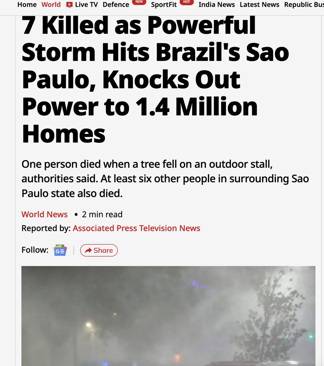 theapril29th's tweet photo. 7 Killed as Powerful Storm Hits Brazil's Sao Paulo, Knocks Out Power to 1.4 Million Homes
One person died when a tree fell on an outdoor stall, authorities said. At least six other people in surrounding Sao Paulo state also died.
#brazilstorm
https://t.co/wbrd7seu9m https://t.co/8YdoDRGHA9