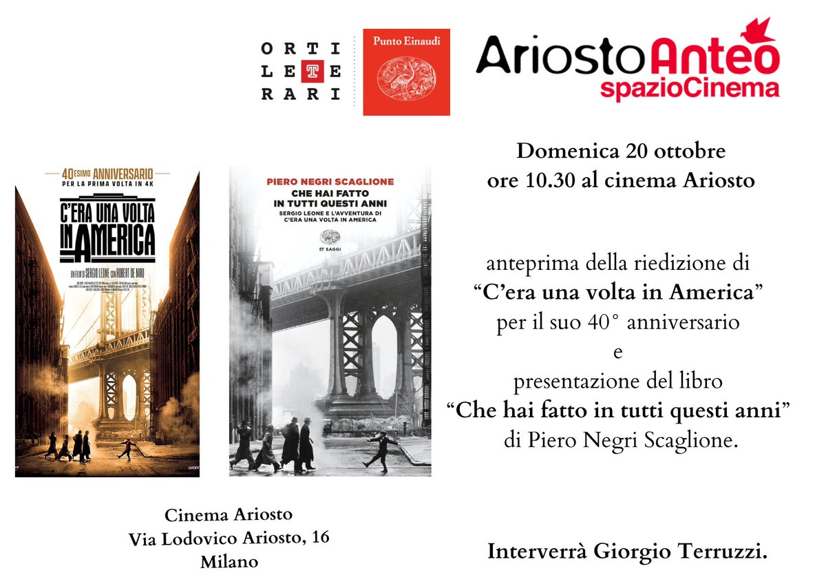 Domenica 20 al Cinema Ariosto Anteo di Milano con <a href="/GiorgioTerruzzi/">Giorgio Terruzzi</a> presentiamo in anteprima assoluta la versione estesa di #ceraunavoltainamerica che torna in sala dal 28. #chehaifattointuttiquestianni
