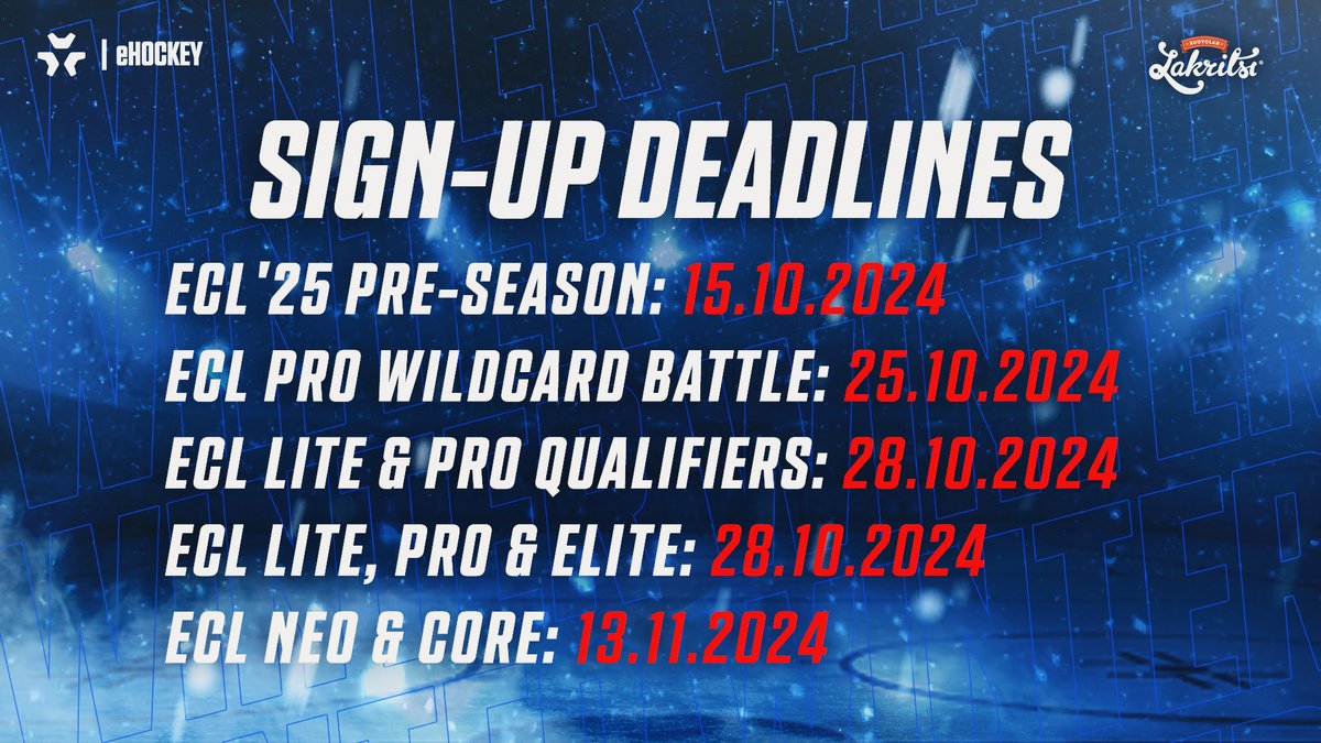 SportsGamerGG's tweet photo. 🚨 #ECL25Winter sign-up deadlines are fast approaching! Don’t miss out:
🏁 Pre-Season: Oct 15
⚪ Pro Wildcard: Oct 25
🟤 Lite & ⚪ Pro Qualifiers: Oct 28
🟡 Elite & ⚪ Pro: Oct 28
🟢 Neo & 🟠 Core: Nov 13

Secure your spot now! Details & registration:
➡️ https://t.co/yDKhYu5bsh

#eHockey #KouvolanLakritsi
