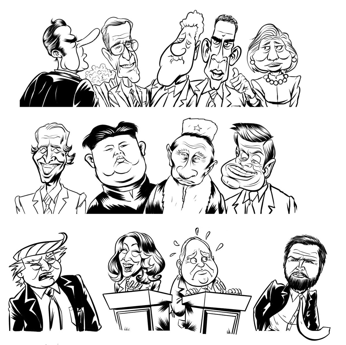GalindoCartones's tweet photo. Prez vs Prez has been a fantastic opportunity to draw a @MADmagazine style comic which was one of my favorite magazines growing up. Check out the #process for cartooning a bunch of presidents and characters. Do you recognize them all?  #Kickstarter is Live now! Don't miss this #Parody of the US current and old #presidentialcampaigns and other important historical events. You are gonna love this book! #Parody #Comics #Indie #Election #Madmagazine #Trump #Cartoons #Kamala #Biden #Harris #Walz #Vance #VPdebate #kickstarter #sketch #sketchcover #color #comicart #Theydidit #TamponTim #ElmerFudd #Cali #GoodMorningEveryone #Sundayfeeling #SundayMorning 
Get "Prez vs Prez" book and "Everything is NOT all right" bundle by Paul Rashid an Miguel Galindo today! 👉 https://t.co/eU2b9TeqcE