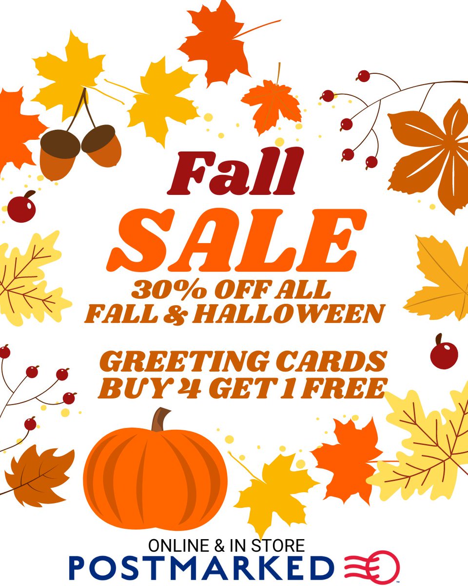 🍂 FALL SALE 🍂   Two great deals to fall into!!   1) Take 30% off all Fall &amp; Halloween merchandise and 2) All Greeting Cards are Buy 4 Get 1 Free!  Both deals are available both online and in-store.  #sale #fall #bogo #halloween #lkn #lakenorman #corneliusnc #postmarked