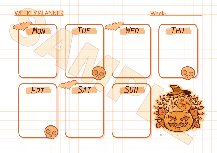 crispuart's tweet photo. Free printable weekly planner for my ko-fi members and it has pumpkin snails for the halloween special!🐌🎃 https://t.co/AvmC6m0kCH https://t.co/BasrPWCeZD