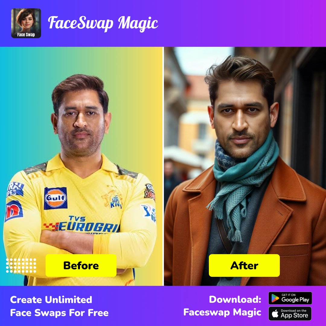 FaceSwapMagic's tweet photo. "See Dhoni like never before! Swap faces and imagine the legend as a fashion model with Faceswap Magic. 🏏👗 #FaceswapMagic #DhoniInStyle"

#Faceswap #AIart #AIphoto #Aigenerated 
#men #fashion #Dhoni #TryItToday #downloadnow https://t.co/FZkXySIbiG