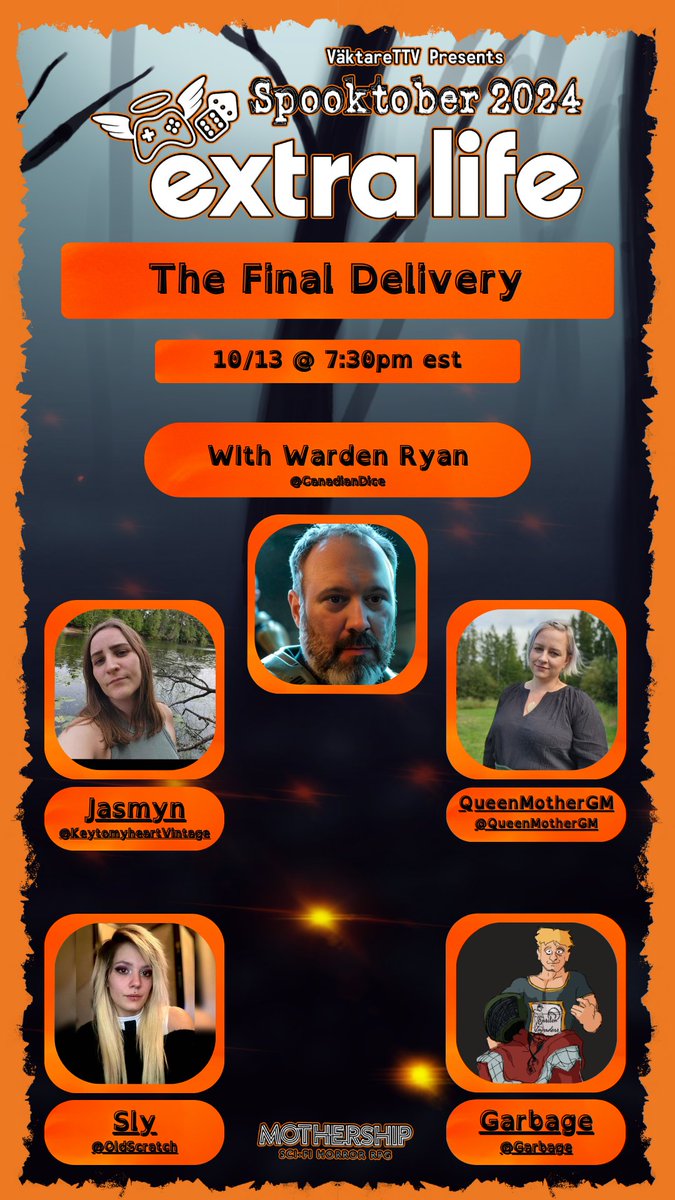 The Väktare (@vaktarettv) on Twitter photo Join us tonight as we continue our fundraiser for <a href="/ExtraLife4Kids/">Extra Life</a> with Mothership and Warden Ryan from <a href="/Canadian_dice/">Canadian Dice</a> as they blast off into the unknown. What awaits them in the darkness of space?
#ttrpg #mothership #thevaktare #tabletop #Spootober2024 #Spooktober #extralife2024 Join us tonight as we continue our fundraiser for <a href="/ExtraLife4Kids/">Extra Life</a> with Mothership and Warden Ryan from <a href="/Canadian_dice/">Canadian Dice</a> as they blast off into the unknown. What awaits them in the darkness of space?
#ttrpg #mothership #thevaktare #tabletop #Spootober2024 #Spooktober #extralife2024