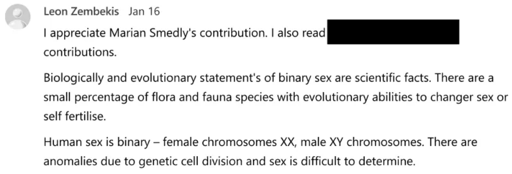 MattSinapi's tweet image. Ok, some people have asked for clearer proof on Leon Zembekis' transphobia. Here are some screenshots from a comment he left on a blog post.