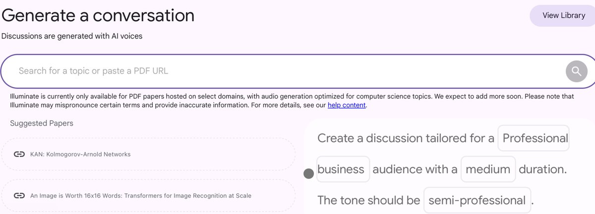 Google’s new experimental product  Illuminate  is amazing. It converts research docs (PDF/digital) into dynamic audio. The final audio might improve on  NotebookLM’s offering . Why? It prioritizes natural flow &amp; clarity  &amp; allows the user to define audience, length, &amp; tone. Check