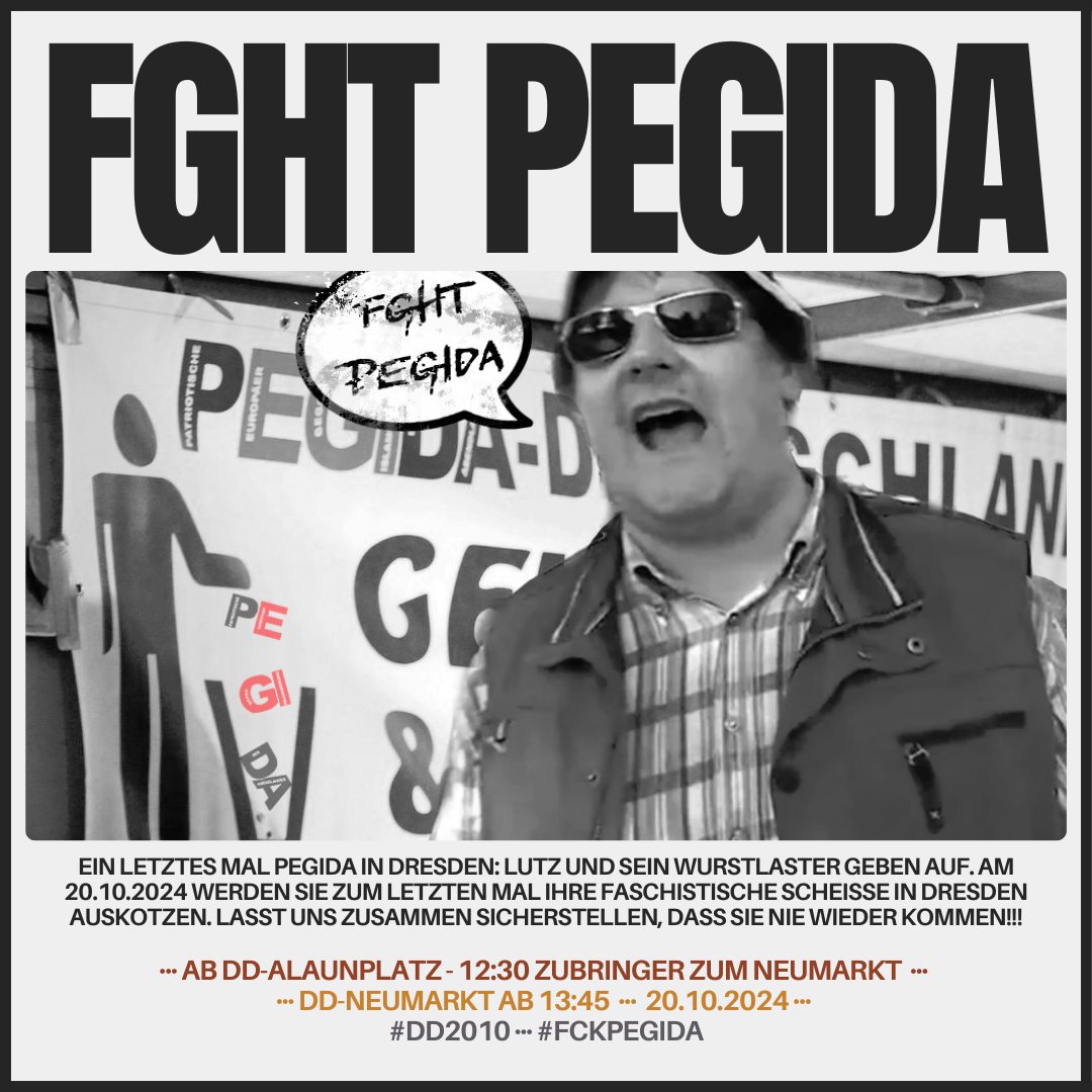 MaltusPanda's tweet photo. Nachdem #pegida aufgibt, wollen stabile Menschen sie am letzten Aufmarsch zum Teufel wünschen! Zeigt #Bachmann und seinen #AfD-Trollen: "Das nimmt kein schönes Ende!"
Gegendemo am 20.10. in #Dresden #dd2010 #wirsindmehr https://t.co/7OvhGeP3iI