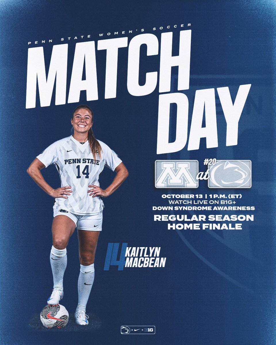 𝐓𝐡𝐞 𝟐𝟎𝟐𝟒 𝐉𝐞𝐟𝐟𝐫𝐞𝐲 𝐅𝐢𝐞𝐥𝐝 𝐑𝐞𝐠𝐮𝐥𝐚𝐫 𝐒𝐞𝐚𝐬𝐨𝐧 𝐅𝐢𝐧𝐚𝐥𝐞

⚽️: Minnesota
🔵: Down Syndrome Awareness
⏰: 1 p.m. (ET)
📍: University Park, Pa.
🏟️: Jeffrey Field
🅿️: ParkMobile App
🖥️: B1G+
📊: GoPSUsports.com

#WeAre | #PSWS