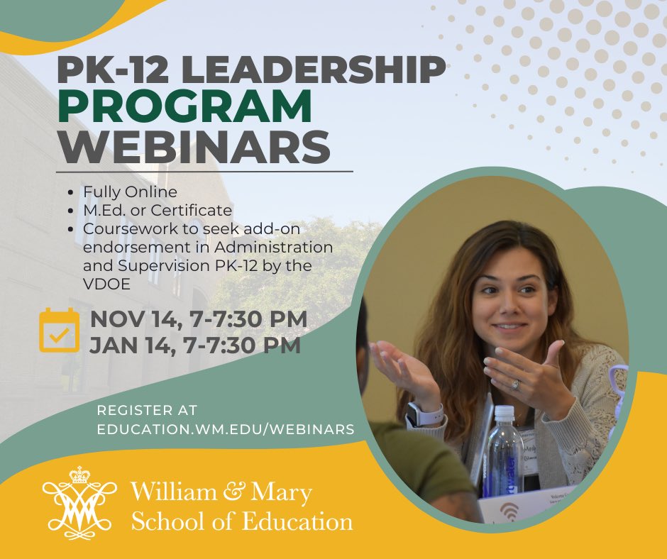 Interested in pursuing school administration? Check out these upcoming information sessions <a href="/WMSOE/">W&M School of Education</a>