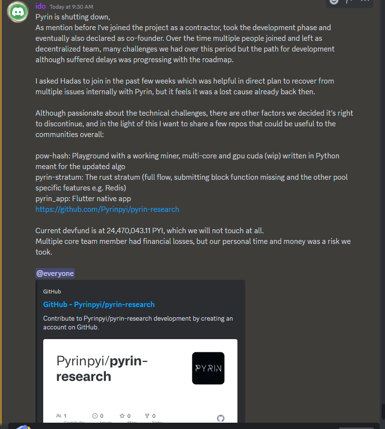 kr00tmantech's tweet image. We all knew the risks when mining "alt coins" this was bound to happen sometime.... I have dumped my position at about a 35% loss (it was not much but better than nothing) This isnt me telling you what to do...I just wanted everyone to be aware #pyrin #gpumining