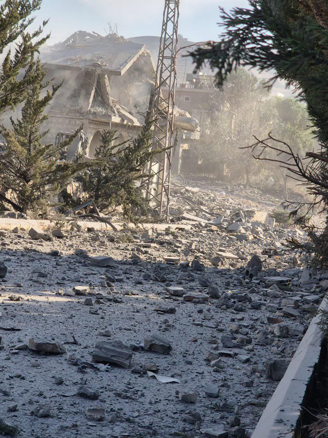 ferozwala's tweet photo. Destruction in the #Qaliya Municipality building in the Lebanese #Bekaa, as a result of the Israeli occupation air force bombing a short while ago.

#Lebanon 
@qudsn https://t.co/AHeG2h5foI