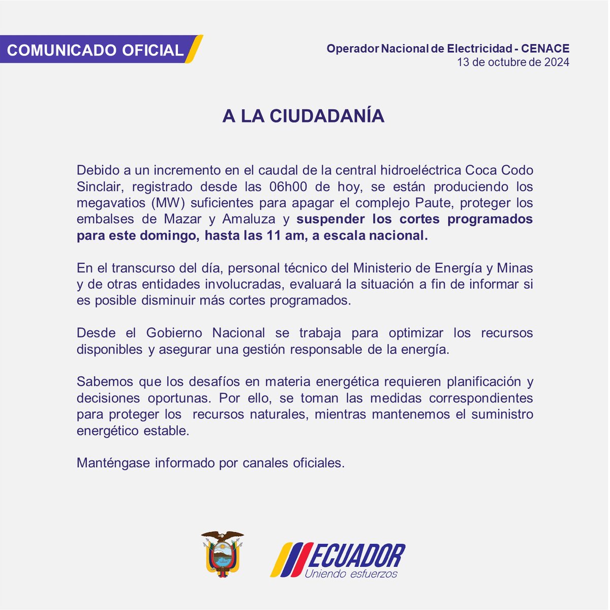 📍COMUNICADO| El Operador Nacional de Electricidad (CENACE) informa ⤵️