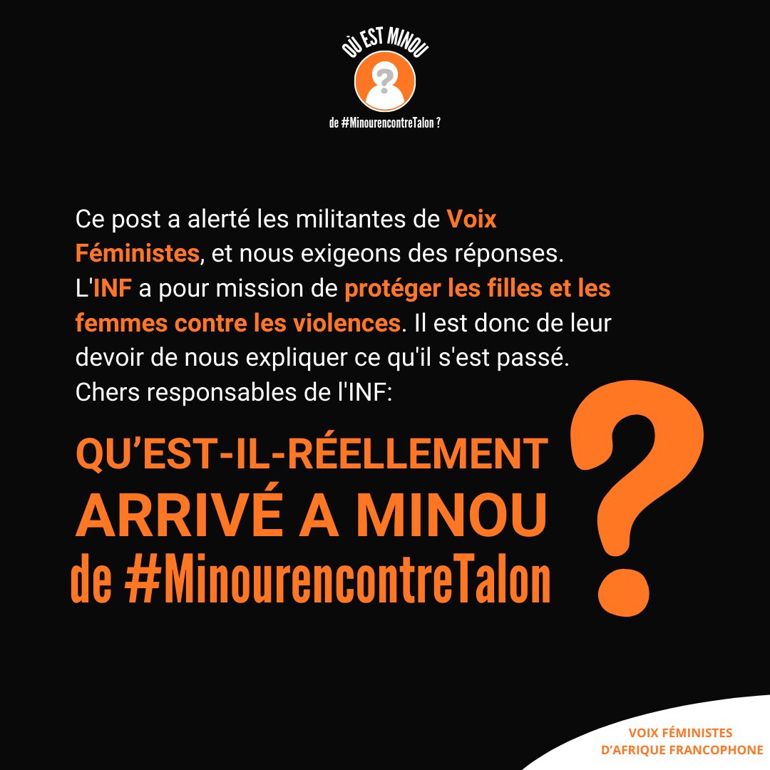 Depuis plusieurs semaines, nous sommes sans nouvelles de l'activiste féministe MINOU CHRYS-TAYL.
Elle aurait été victime d'abus de la part de l' Institut de la Femme du Bénin où elle occupait le poste de Cheffe de la Communication
Où se trouve Minou de #MinourencontreTalon ?