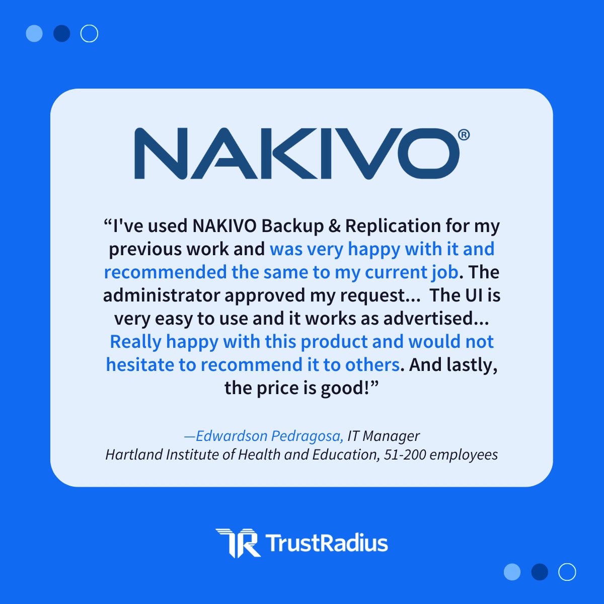 trustradius's tweet image. #ShoutOutSunday to @Nakivo Backup &amp;amp; Recovery! 🎉

This #TopRated, cost-effective #EnterpriseBackup solution offers companies confidence and peace of mind with its easy-to-use interface and powerful features.

👀 See what users are saying: bit.ly/3YjPojV 

#CustomerVoice