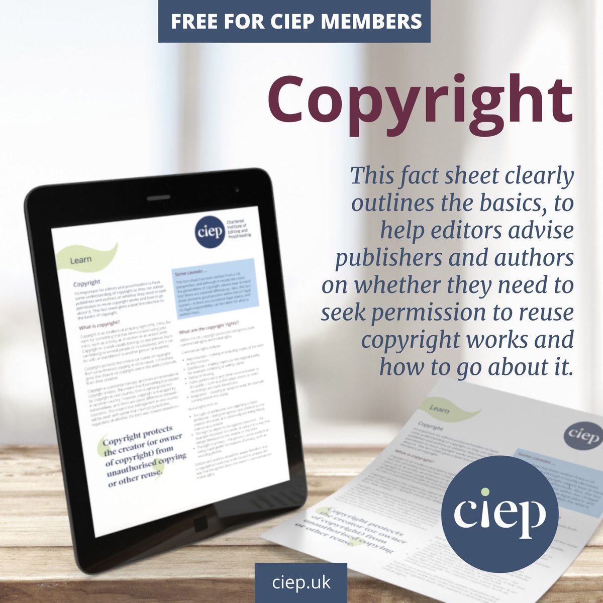 The_CIEP's tweet image. 📋 FACT SHEET: Even experienced editors can have concerns about copyright. This CIEP fact sheet by Pippa Smart breaks it down to basics. Only £1.50 for non-members and FREE for CIEP members. Download it here 👉👉👉 ciep.uk/product/copyri… 📚
#CopyrightBasics #CIEPfactSheet