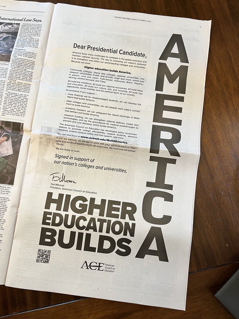 Said it before, saying it again: #HigherEdBuildsAmerica. For the second straight Sunday, we at <a href="/ACEducation/">ACE</a> have a full-page display in The New York Times. Our open letter to presidential candidates Kamala Harris and Donald Trump.
