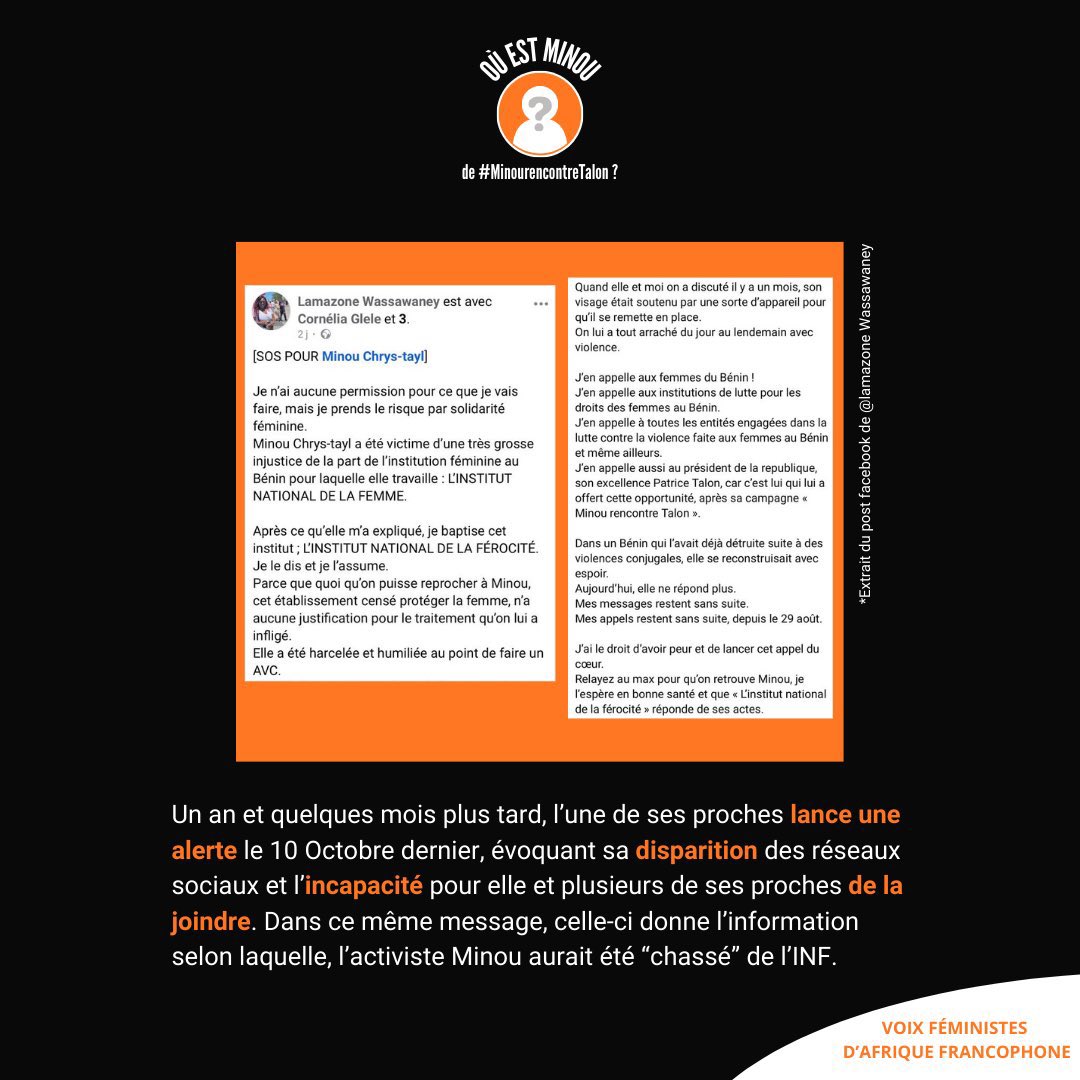 Où est-elle? Que lui est-il arrivé?

Nous féministes d’Afrique francophone, voulons savoir où se trouve l’une des nôtres!

<a href="/PatriceTalonPR/">Patrice TALON</a>