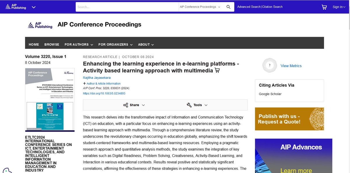 ItsRajithaJ's tweet photo. My paper, "Enhancing the Learning Experience in E-Learning Platforms," has been published in the #AIPConference Proceedings, supported by the #ACMChapter @ University of Aizu 🇯🇵.

Check it out: https://t.co/z75ayQhAwZ.

#ResearchPublication #ELearning #EdTech #UniversityOfAizu https://t.co/NgY5MTwwBq