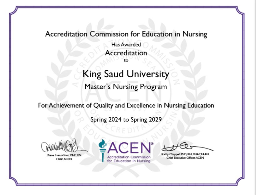 في إنجاز يعكس الالتزام الدائم بالتميز الأكاديمي، وتقديم برامج تعليمية عالية الجودة ..

حصلت كلية التمريض بـ #جامعة_الملك_سعود على الاعتماد الأكاديمي لبرنامجي البكالوريوس والماجستير من هيئة الاعتماد الأمريكية لتعليم التمريض (ACEN).

#الاعتماد_الأكاديمي
#ACEN