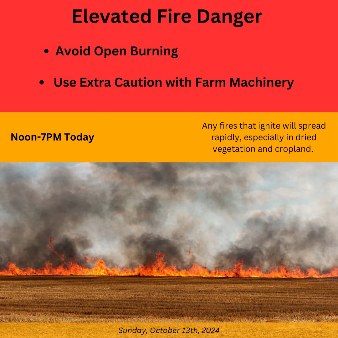 Fires today could quickly become uncontrollable. Report any unattended fires, especially near crops or caused by farm equipment, to 9-1-1 immediately.