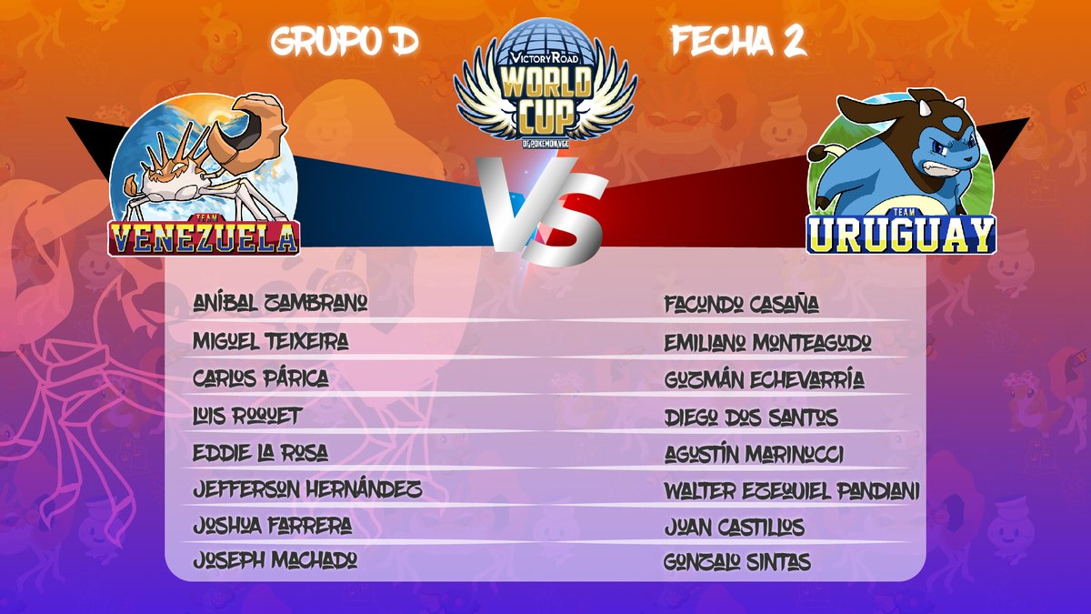 Continúa la acción en la World Cup de <a href="/VGCVictoryRoad/">Victory Road VGC</a> 🌐.

En esta 2da Jornada la selección de Venezuela 🇻🇪 se enfrenta al combinado Uruguayo 🇺🇾.

GLHF a nuestros hermanos Uruguayos y que gane el mejor 🇻🇪🤝🇺🇾

#TeamKingler 🦀🇻🇪