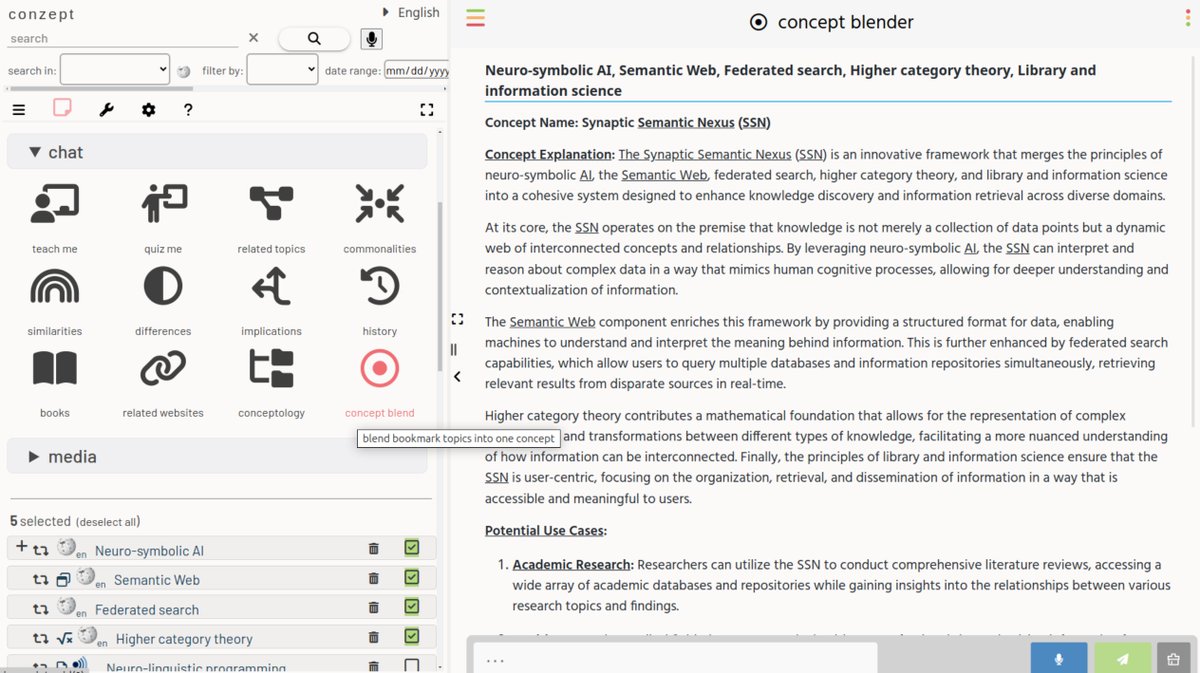 conzept__'s tweet image. You can now conceptually blend your bookmarked topics into a new fictional concept, like the "Synaptic Semantic Nexus" : )