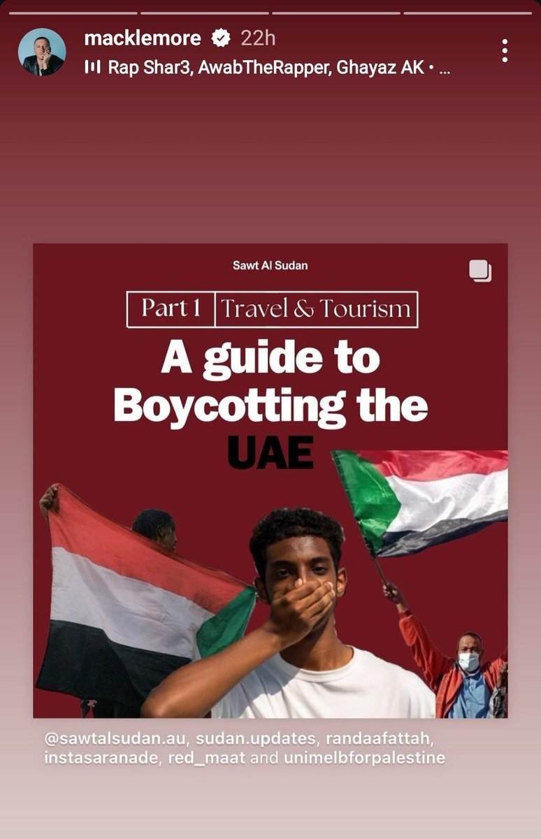 US singer <a href="/macklemore/">Macklemore</a> (who boycotted the UAE earlier this year over Abu Dhabi's arming of the genocidal RSF in Sudan) posts a guide for how to boycott the UAE

One wonders if growing civil societal awareness of their shadowy Sudan ops is worth it for the UAE