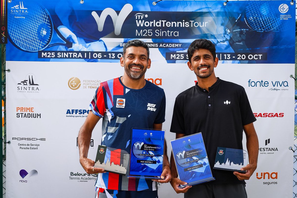 IndTennisDaily's tweet photo. Siddhant Banthia and Divij Sharan take home the men’s doubles title at M25 Sintra 🇵🇹
The second seeds didn’t drop a set this week and beat Diogo Marques/Alejandro Alvarez 6-1, 6-3 in the finals.
📸 Beloura Tennis Academy https://t.co/9hk17Vcdfd