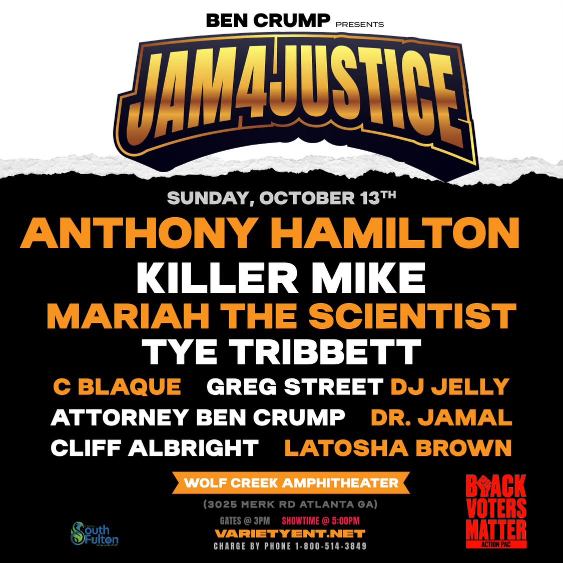 MsLaToshaBrown's tweet photo. Join us TODAY at Wolf Creek! We have partnered with Attorney Ben Crump to host a Jam 4 Justice concert tonight in South Fulton at 6pm. @BVMActionPAC https://t.co/mMGExFO1uP