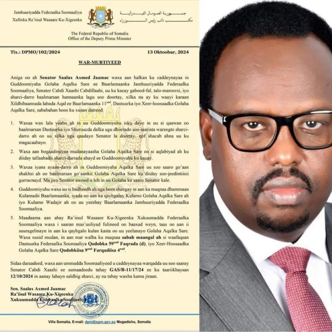 khadaraweis's tweet photo. Senate Chairman, Abdi Hashi said in an official letter that Deputy PM Salah missed 4 consecutive sessions of the parliamentary assembly without an excuse and that he forfeited his seat. 

The Deputy PM says that Mr. Abdi Hashi took illegal actions. 

Who is right??? https://t.co/xMxkZEzq4c