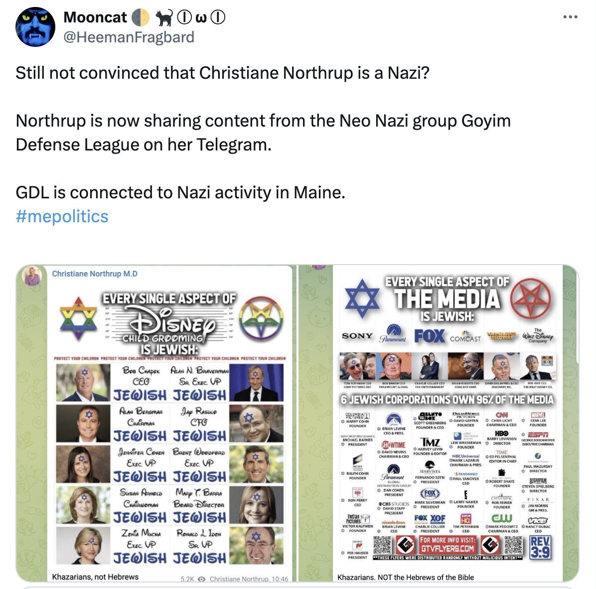 HeemanFragbard's tweet photo. @rep_sampson Your friend and political ally, Christiane Northrup has shared neo-Nazi content repeatedly. 

Any comment?
#mepolitics https://t.co/j6YSzeMLmm