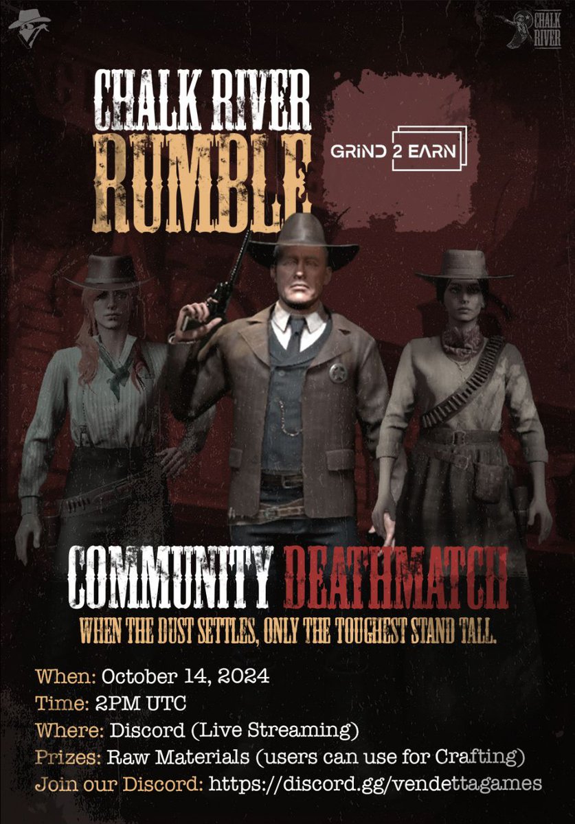 Vendetta Games (@vendettagameshq) on Twitter photo Vendetta Games X Guild 2 Earn ๐ค
Saddle up, partners! Itโs time to rally your posse from the <a href="/G2E_Official/">Grind 2 Earn</a> community for a showdown of strategy, skill, and sheer grit.
Your legend in the wild Chalk River metaverse is about to be written, cowpokes! ๐ฅ
Tomorrow, we feast on Vendetta Games X Guild 2 Earn ๐ค
Saddle up, partners! Itโs time to rally your posse from the <a href="/G2E_Official/">Grind 2 Earn</a> community for a showdown of strategy, skill, and sheer grit.
Your legend in the wild Chalk River metaverse is about to be written, cowpokes! ๐ฅ
Tomorrow, we feast on