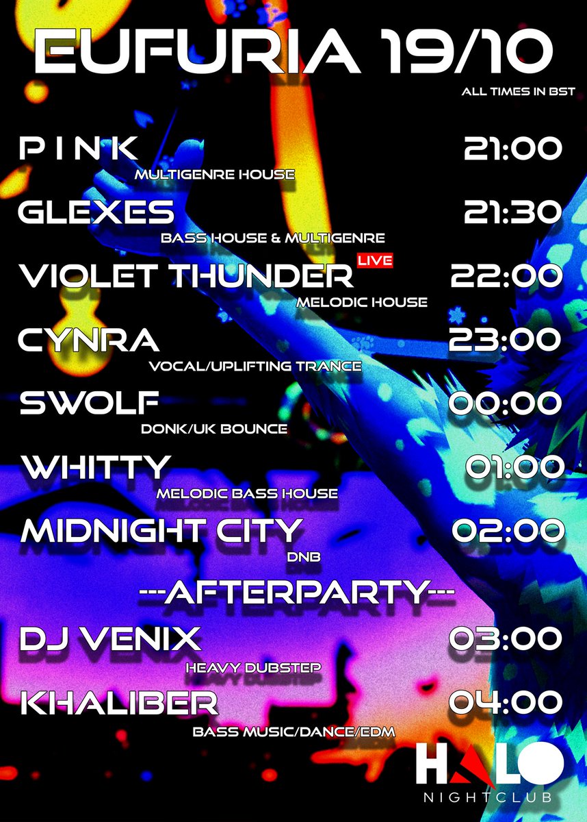 Heyo peeps, next weekend  is our October event!!
Come join us on 19/10 starting at 21:00BST through to 05:00BST !!!

Want to know who's playing? Checkout our Line Up poster for all the details!

Join Our Discord - eufuria.club