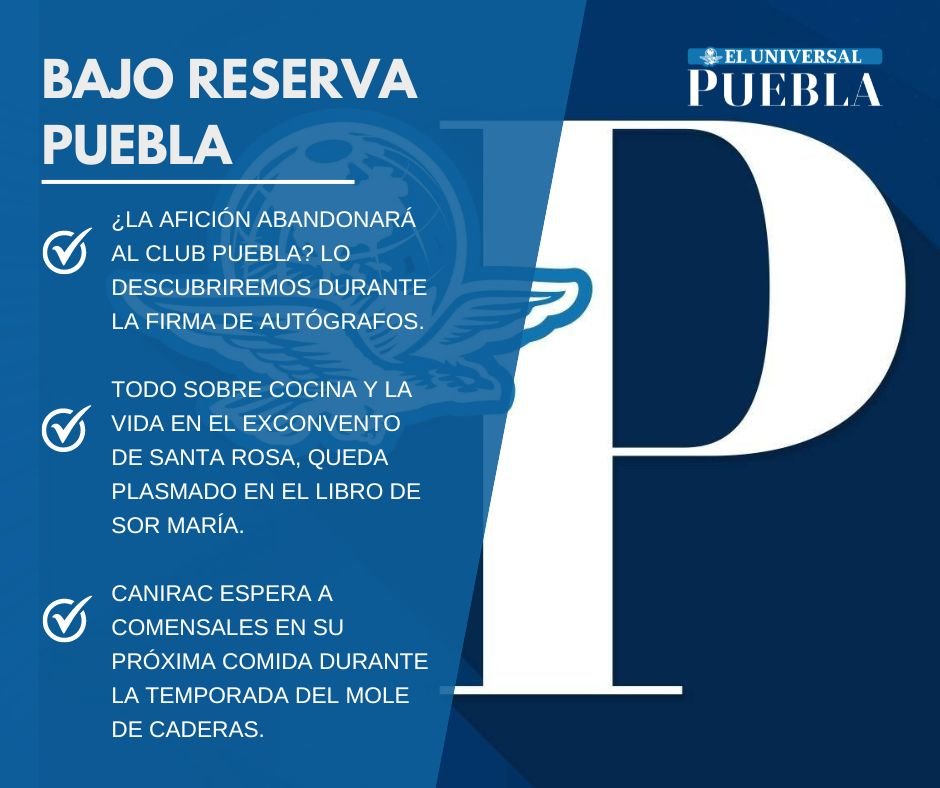 UniversalPuebla's tweet photo. ✍🏻 En el Bajo Reserva de hoy, los periodistas de El Universal Puebla escriben sobre los siguientes temas. Aquí nuestra columna completa: https://t.co/yfLDTY3HBu https://t.co/RSblX4ucza