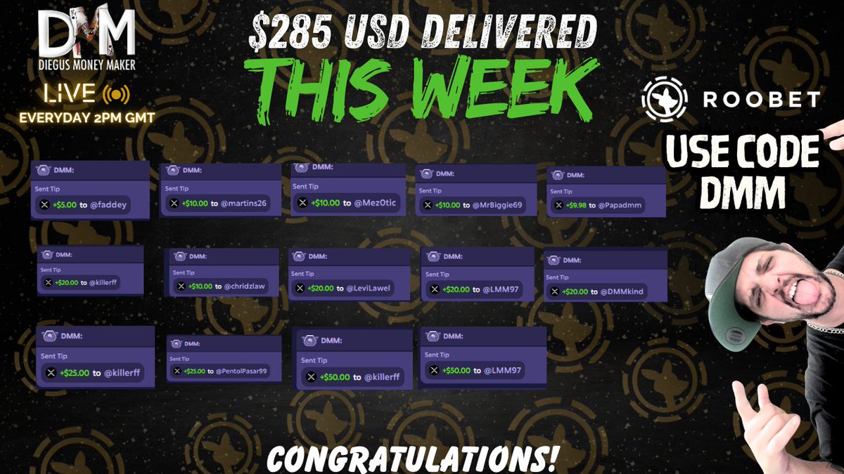 diegus2222's tweet image. Congratulations WEEKLY WINNERS!!! 🏆
Join roobet with code DMM 👈
roobet.com/?ref=dmm 🤑
#ROOBET #DMM #BESTCODE