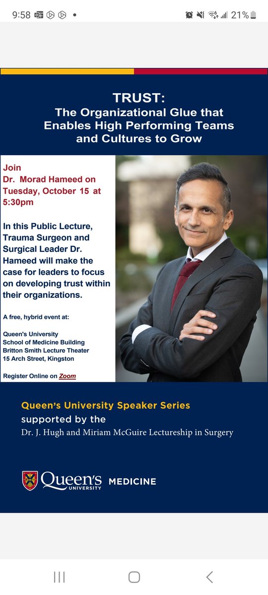 Ameer Farooq MD MPH FRCSC (@ameerfarooq) on Twitter photo We are so excited to be hosting <a href="/moradhameed/">Morad Hameed</a> this week <a href="/queensu/">Queen's University</a> as our McGuire Lecturer! He will be speaking on #Trust, drawing on his years of experience as a surgical leader.
Open to the public!
<a href="/kingstonist/">Kingstonist</a> <a href="/WhigStandard/">The Whig-Standard</a> <a href="/SEAMOKingston/">SEAMO: Southeastern Ontario Academic Medical Org.</a> <a href="/StanfordSurgery/">Stanford Surgery</a> <a href="/CAGS_ACCG/">Cdn General Surgeons</a> <a href="/OAGS1/">OAGS</a> We are so excited to be hosting <a href="/moradhameed/">Morad Hameed</a> this week <a href="/queensu/">Queen's University</a> as our McGuire Lecturer! He will be speaking on #Trust, drawing on his years of experience as a surgical leader.
Open to the public!
<a href="/kingstonist/">Kingstonist</a> <a href="/WhigStandard/">The Whig-Standard</a> <a href="/SEAMOKingston/">SEAMO: Southeastern Ontario Academic Medical Org.</a> <a href="/StanfordSurgery/">Stanford Surgery</a> <a href="/CAGS_ACCG/">Cdn General Surgeons</a> <a href="/OAGS1/">OAGS</a>
