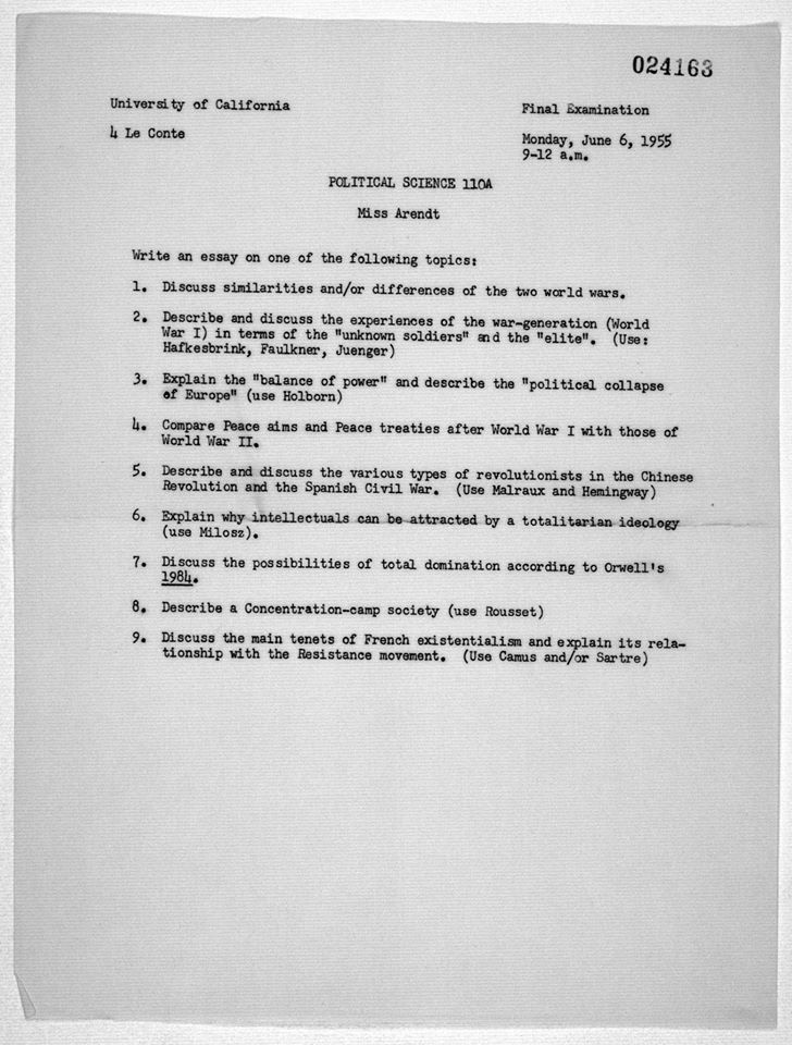 Hannah Arendt'in Siyaset bilimi dersinin sinav sorulari, 1955, California Universitesi.
