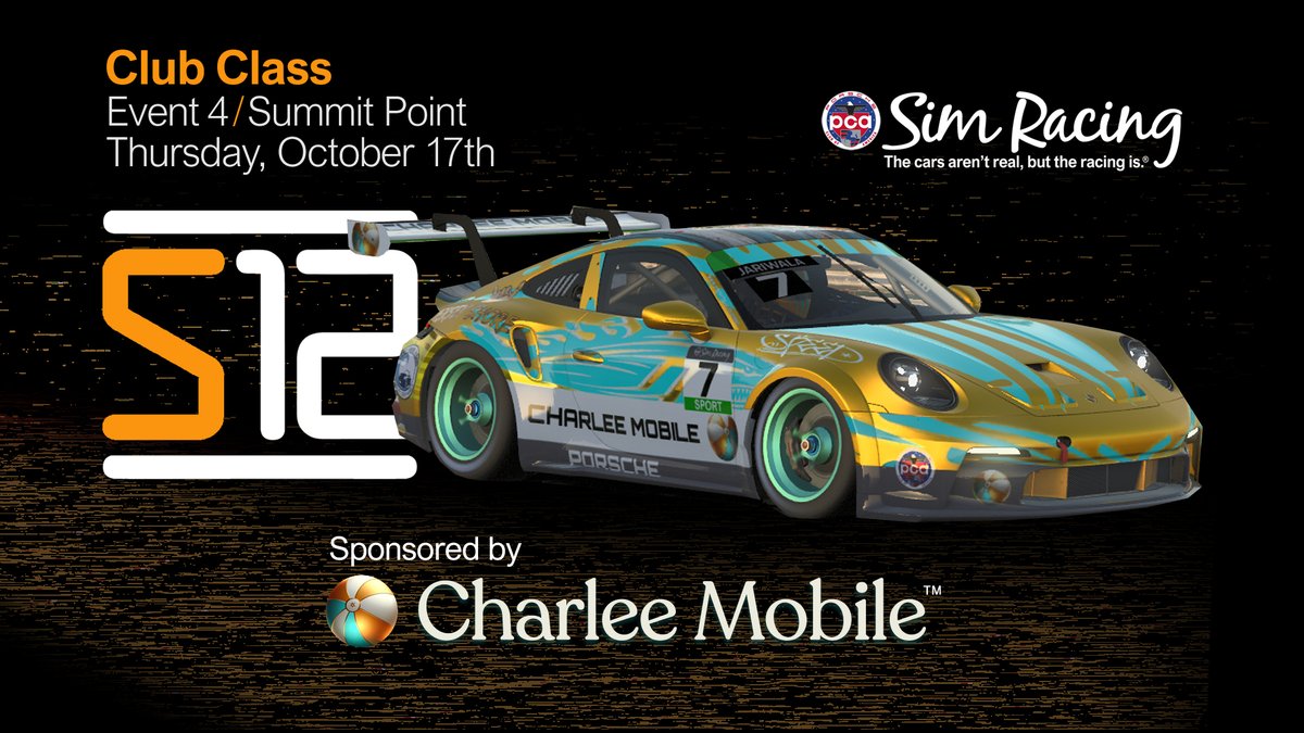 PCA Sim Racing (@pcasimracing) on Twitter photo This week, it's #Series12 Event 4 at Summit Point, all on <a href="/RaceSpotTV/">RaceSpot TV</a> at 9 pm EDT/6 pm PDT, all sponsored by <a href="/CharleeMobile/">Charlee Mobile</a>:
PRO: Wednesday, Oct. 16th on youtube.com/live/_msQs_WBL…
CLUB: Thursday, Oct. 17th on youtube.com/live/-Wki5qV38…
#PCASimRacing
<a href="/PCANational/">PCA</a> This week, it's #Series12 Event 4 at Summit Point, all on <a href="/RaceSpotTV/">RaceSpot TV</a> at 9 pm EDT/6 pm PDT, all sponsored by <a href="/CharleeMobile/">Charlee Mobile</a>:
PRO: Wednesday, Oct. 16th on youtube.com/live/_msQs_WBL…
CLUB: Thursday, Oct. 17th on youtube.com/live/-Wki5qV38…
#PCASimRacing
<a href="/PCANational/">PCA</a>