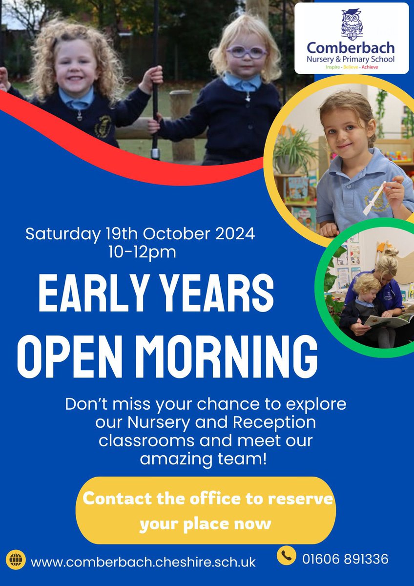 ‼️Calling school starters for September 25‼️

Come along to @ComberbachNPS open morning where our team will be on hand to answer any questions you have about the journey to starting school. 

We look forward to welcoming you to a school of opportunity.

Inspire.Believe.Achieve
