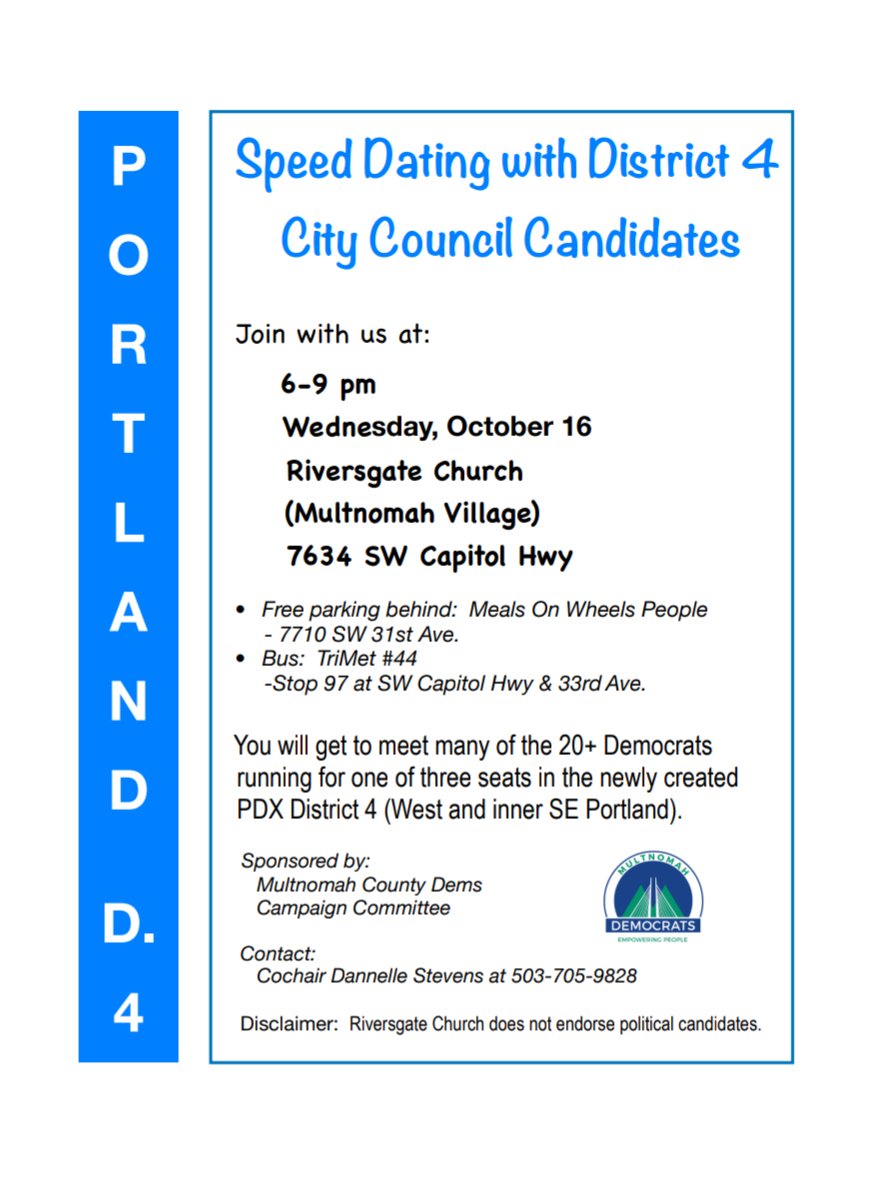 MD4PDX's tweet photo. 🗳 Meet Your District 4 Candidates! 🗳

Save the Date for this lively Meet &amp; Greet with your candidates. There are over 20 candidates and this is a chance to ask questions and get answers. 

📅 Oct 16 ⏰ 6-9 PM 
📍 Riversgate Church, Multnomah Village

#PortlandPolitics #md4pdx https://t.co/jGBMbbEdAa
