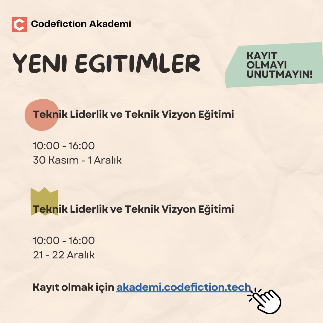 İki yeni eğitim tarihi belirledik, hemen kayıt olmak için 👇
akademi.codefiction.tech