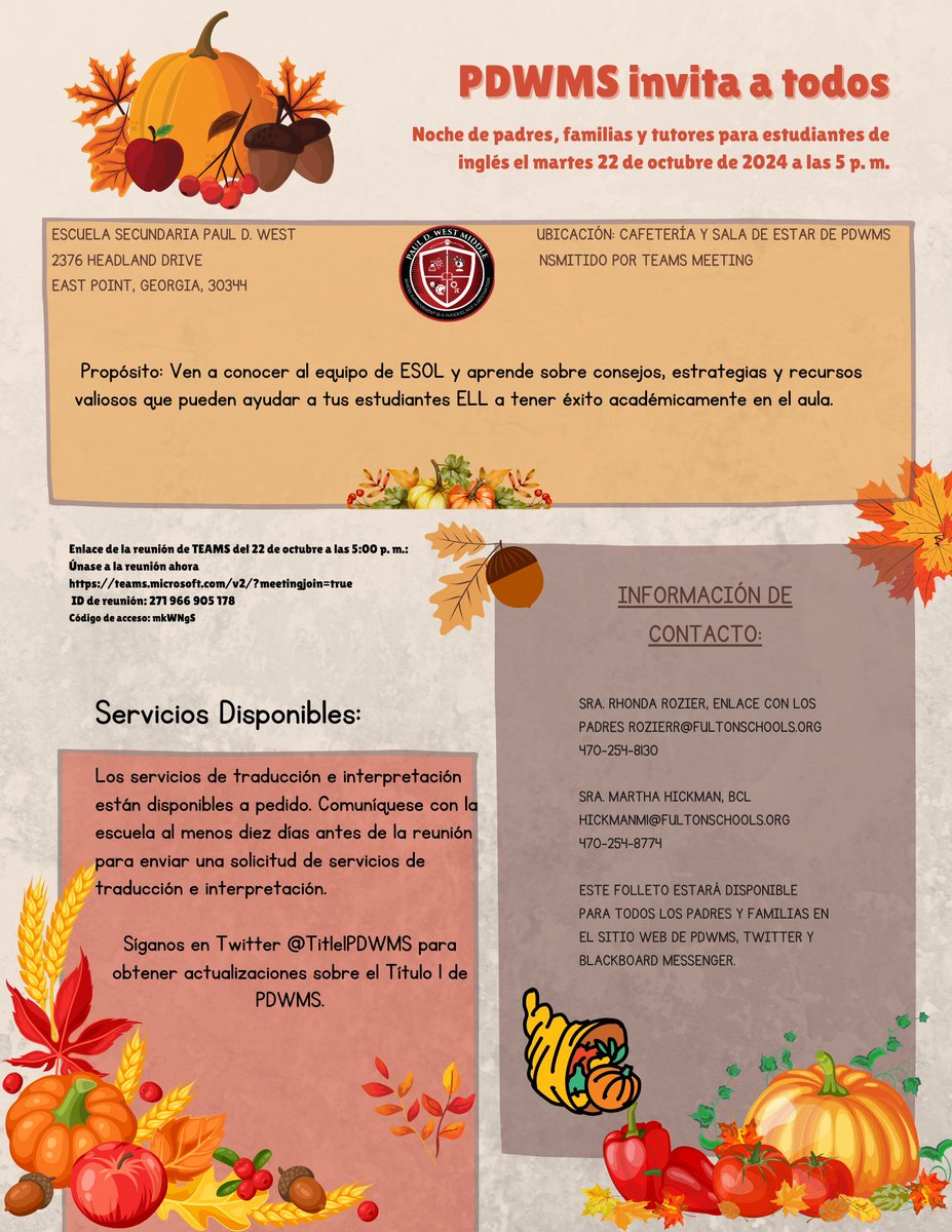 All parents, guardians, and community members are invited to attend English Language Learner Night on October 22, 2024, @ 5pm in PDWMS cafeteria.  This meeting will also be live streamed via TEAMS. The meeting link is listed in the attached flyers.