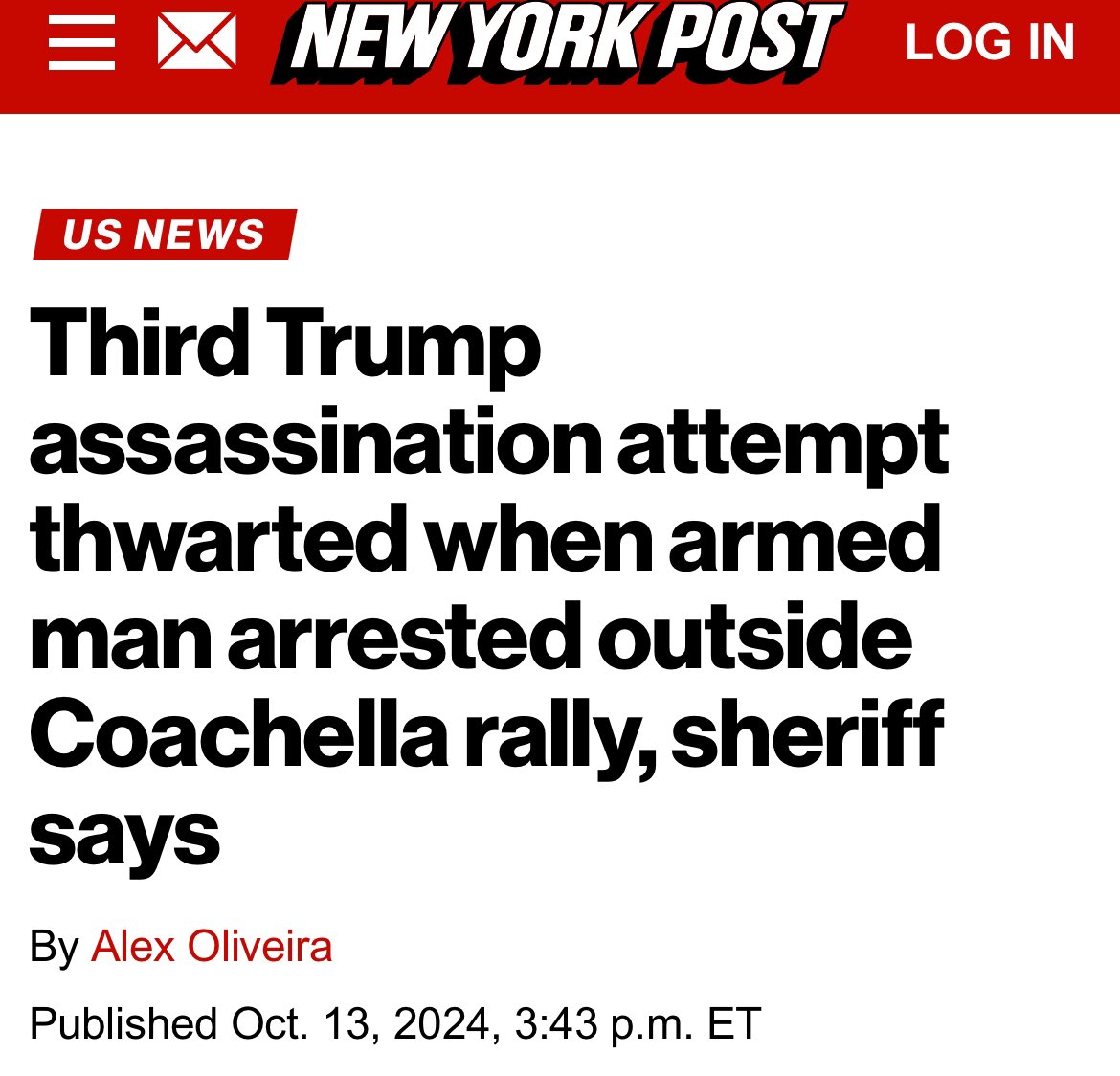 DrewHLive's tweet photo. BREAKING: Third Trump Assassination Attempt Thwarted, Armed Man Arrested Outside Coachella CA Rally According To Sheriff https://t.co/x0mcHE9Sbg
