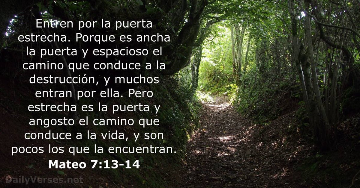 SpecialJanni's tweet image. #Mateo7:13-14

Este versículo es parte del Sermón del Monte de Jesús, que es uno de los discursos más importantes del Nuevo Testamento. En estos versículos, Jesús usa la imagen de una puerta estrecha y una puerta ancha para ilustrar el concepto de elegir el camino de la justicia