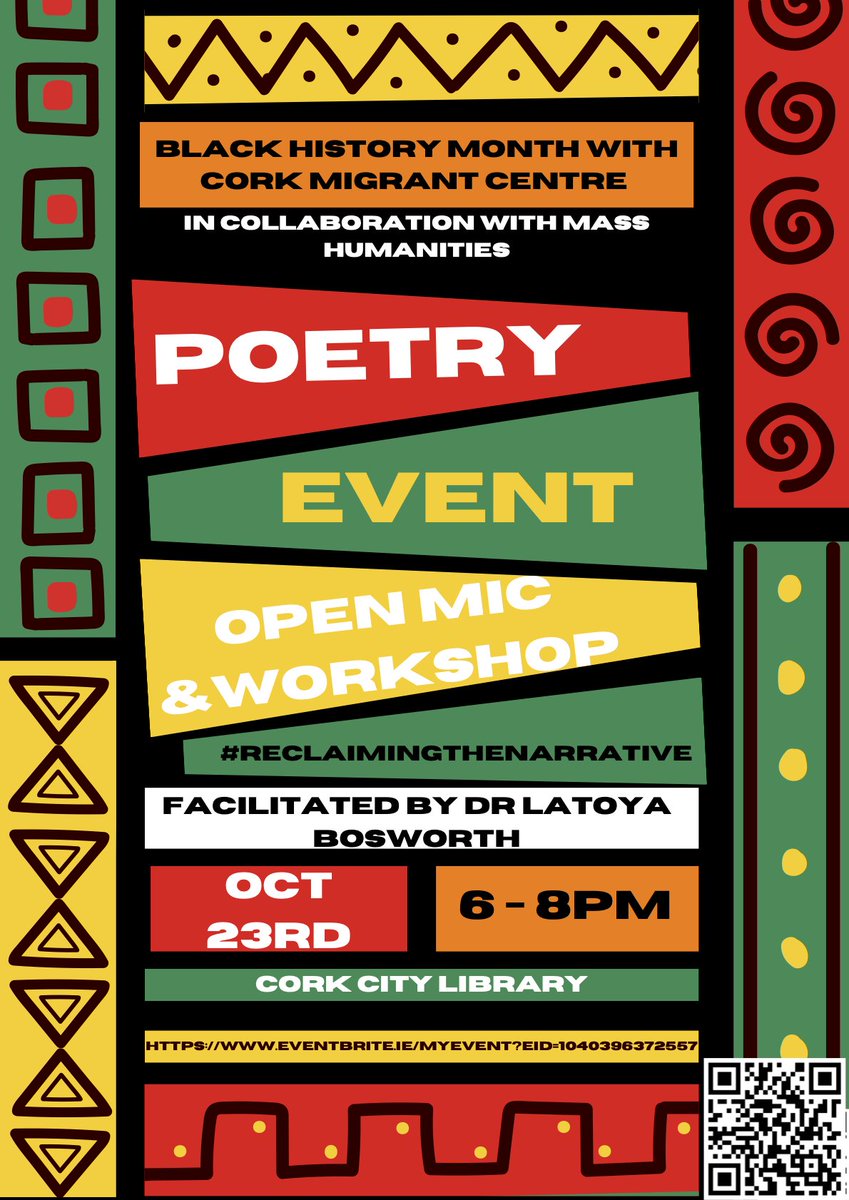 UCC Fáilte Refugees Society (@failtesocucc) on Twitter photo On October 26th the Cork Migrant Centre is hosting an open-mic poetry event at <a href="/corkcitylibrary/">Cork City Libraries</a> in celebration of Black History Month!
Dr. Latoya Bosworth of <a href="/MassHumanities/">Mass Humanities</a> will be facilitating the event.⭐ We hope to see you there! On October 26th the Cork Migrant Centre is hosting an open-mic poetry event at <a href="/corkcitylibrary/">Cork City Libraries</a> in celebration of Black History Month!
Dr. Latoya Bosworth of <a href="/MassHumanities/">Mass Humanities</a> will be facilitating the event.⭐ We hope to see you there!