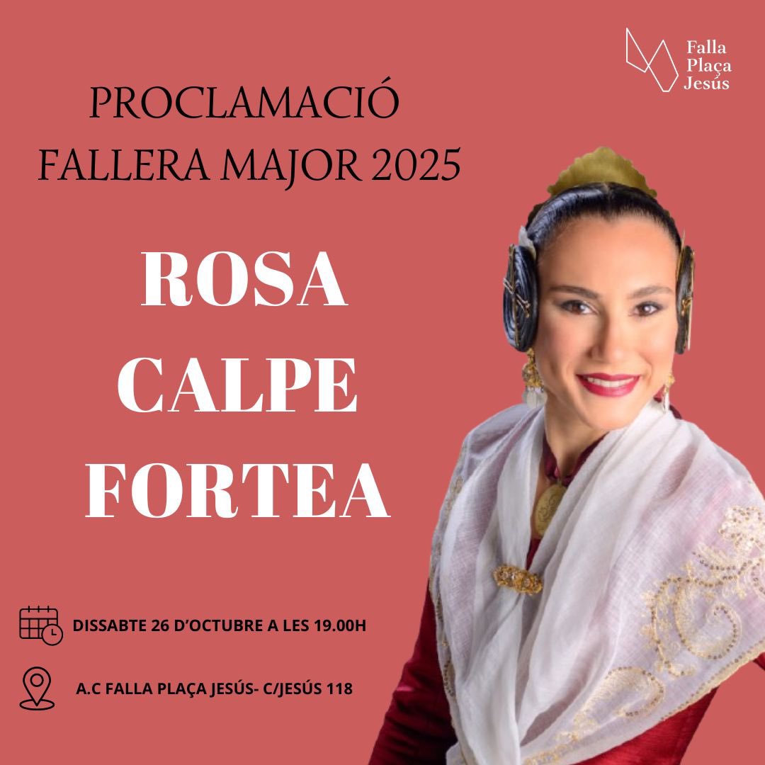 ✨PROCLAMACIÓN FALLERA MAJOR 2025✨
Dissabte 26 d’octubre a les 19.00. 
C/Jesús 118 🏡
#fpj #proclamacio #fm #2025 #jesus #rosa 
@mercatjesus 
@rosacalpe_fort
