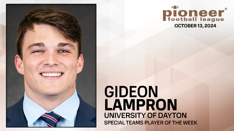 Pioneer Football (@pflnews) on Twitter photo Pioneer Football League Special Teams Player of the Week: 
<a href="/DaytonFootball/">Dayton Football</a> Gideon Lampron earns his third weekly honor and first special teams nod after blocking two field goals, including a potential go-ahead score in the fourth quarter, while posting 11 tackles in a win Pioneer Football League Special Teams Player of the Week: 
<a href="/DaytonFootball/">Dayton Football</a> Gideon Lampron earns his third weekly honor and first special teams nod after blocking two field goals, including a potential go-ahead score in the fourth quarter, while posting 11 tackles in a win