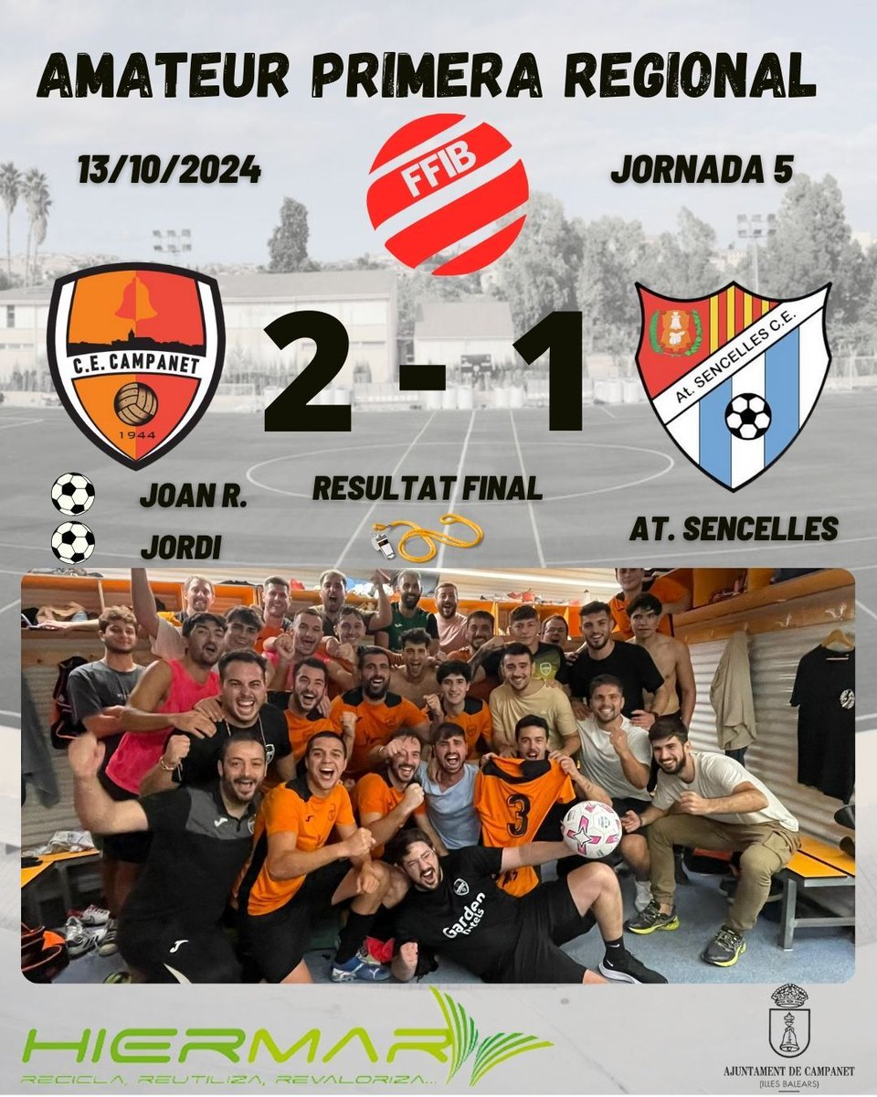 1a REGIONAL 🟠⚫
Remontada i +3 !
Partidàs el que hem viscut avui a Campanet amb dos equips que han cercat la victòria desde el principi. Amb 0-1 s'arribava al descans i a la segona part hem pogut capgirar el marcador contra un Sencelles que ha acabat amb 9.
Enhorabona equip! 💪🏽
