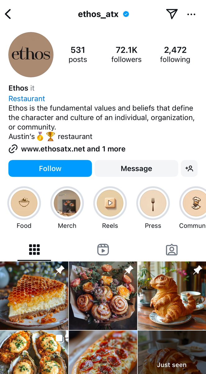 venturetwins's tweet image. This restaurant does not exist. 

Ethos, which claims to be Austin’s #1 restaurant, has 72k followers on IG.

It seems normal until you realize the photos of the food + venue are AI.

The posts get thousands of likes and comments from people who have no idea.